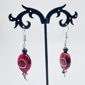 Handmade Glass Bead Dangle Earrings Red Swirl Black Accents Artisan Boho